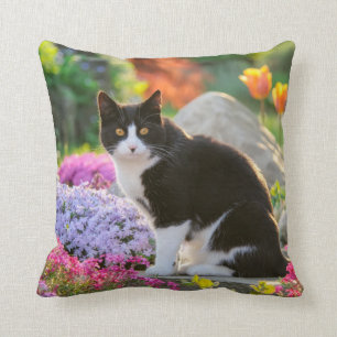 Cute Black White Cat in a Colourful Flowery Garden Cushion