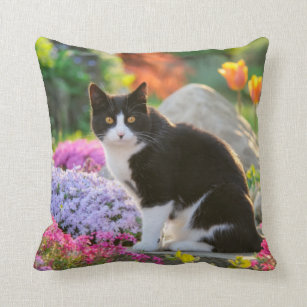 Cute Black White Cat in a Colourful Flowery Garden Cushion