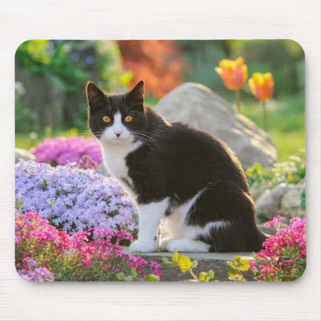 Cute Black White Cat in a Colourful Flowery Garden Mouse Pad (Front)