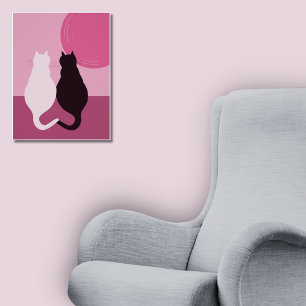 Cute Black & White Cat Pair At Pink Sunset Poster