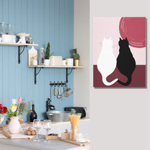 Cute Black & White Cat Pair Pink Sunset Canvas Pri Print
