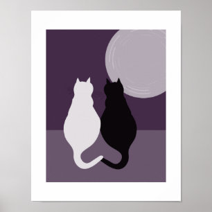 Cute Black & White Cat Pair Purple-Blue Night Poster