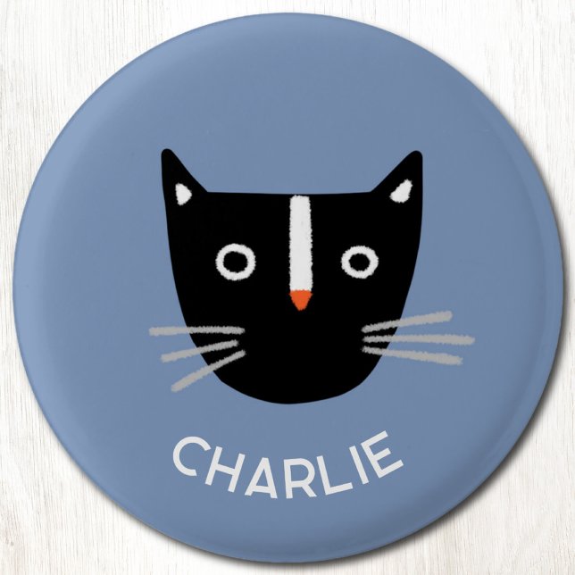 Cute Black White Cat Personalised Name 3 Cm Round Badge (Fun black and white tuxedo cat personalized name button)