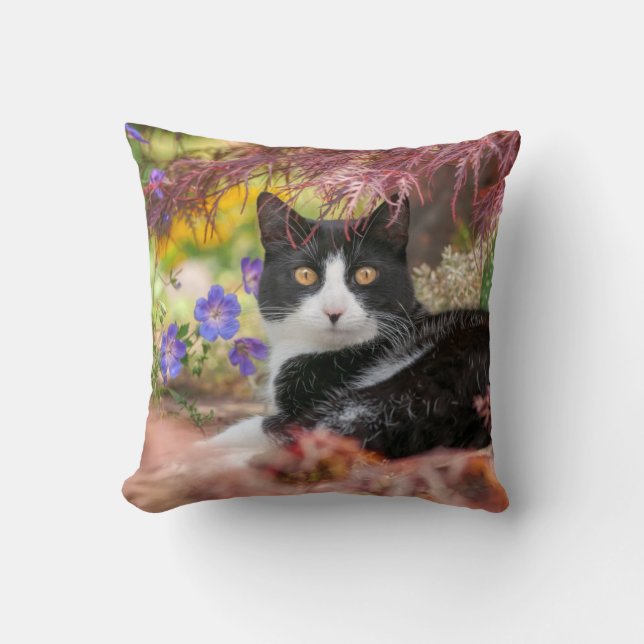 Cute Black-White Cat Resting under a Maple Tree -  Cushion (Front)