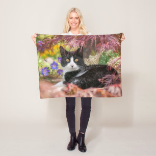 Cute Black-White Cat Resting under a Maple Tree -  Fleece Blanket