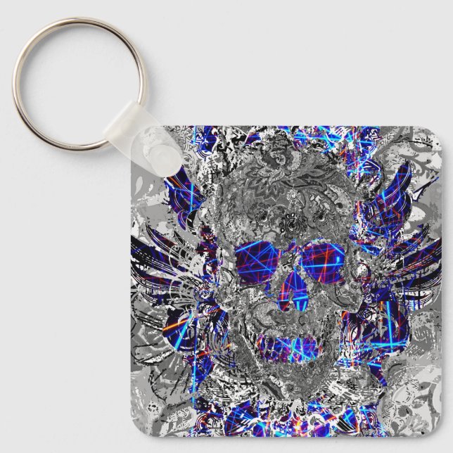 Cute black white colourful neon skull hitch cover key ring (Front)