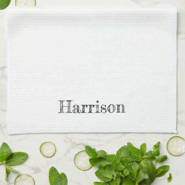 Cute black & white custom name text monogram  tea towel (Folded)