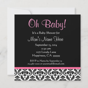 Cute Black White Feather Pink Damask Baby Shower Invitation