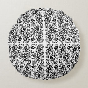 Cute black white floral background design round cushion
