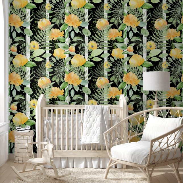 Cute Black White Floral Botanical Stripes Pattern Wallpaper (Kids)