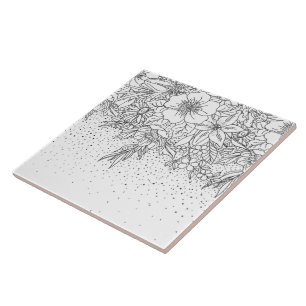 Cute Black White floral doodles and confetti Ceramic Tile
