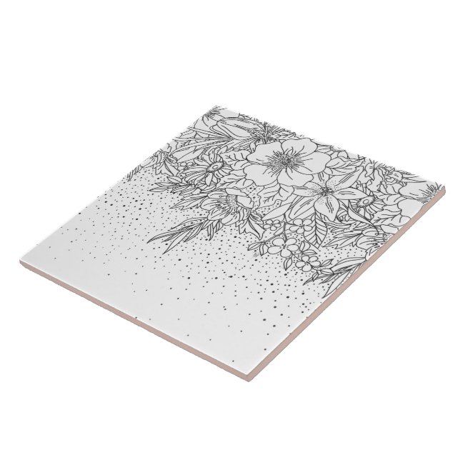 Cute Black White floral doodles and confetti Ceramic Tile (Side)