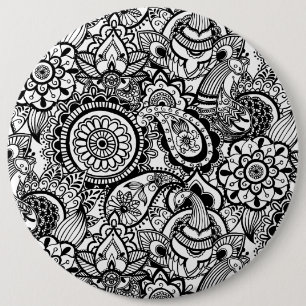 Cute black white floral paisley 6 cm round badge
