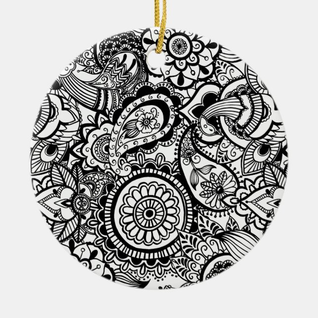 Cute black white floral paisley ceramic ornament (Front)