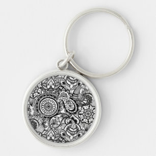Cute black white floral paisley key ring
