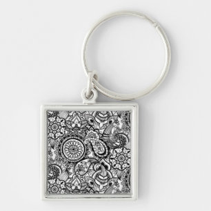 Cute black white floral paisley key ring