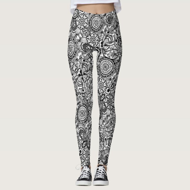 Cute black white floral paisley leggings (Front)