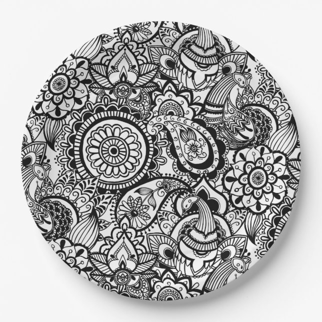 Cute black white floral paisley paper plate (Front)