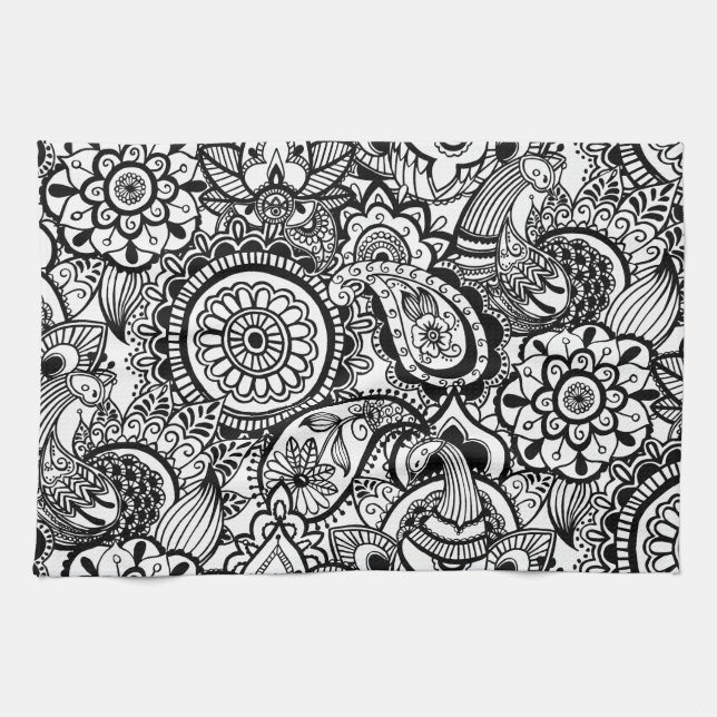 Cute black white floral paisley tea towel (Horizontal)