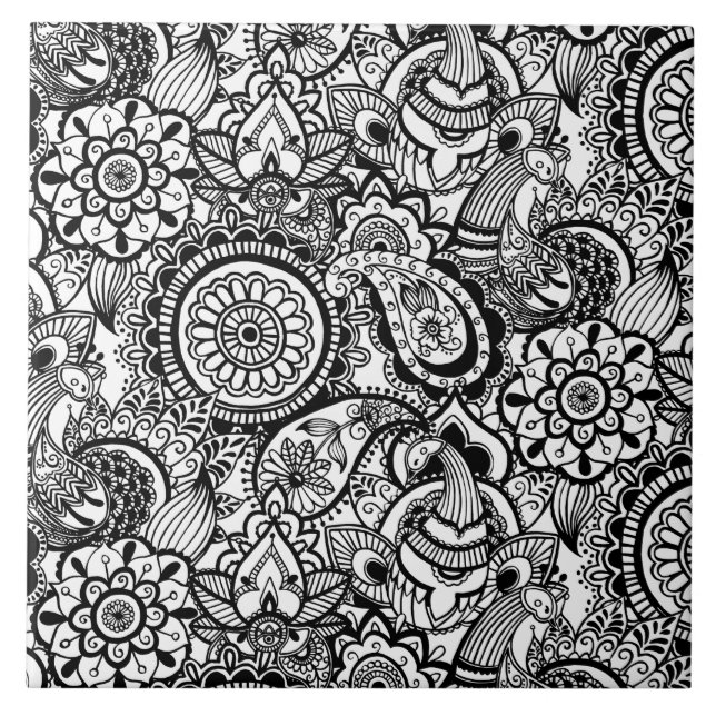 Cute black white floral paisley tile (Front)