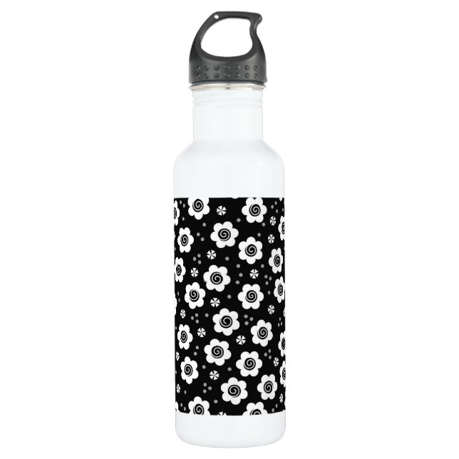 Cute black white flowers 710 ml water bottle (Front)