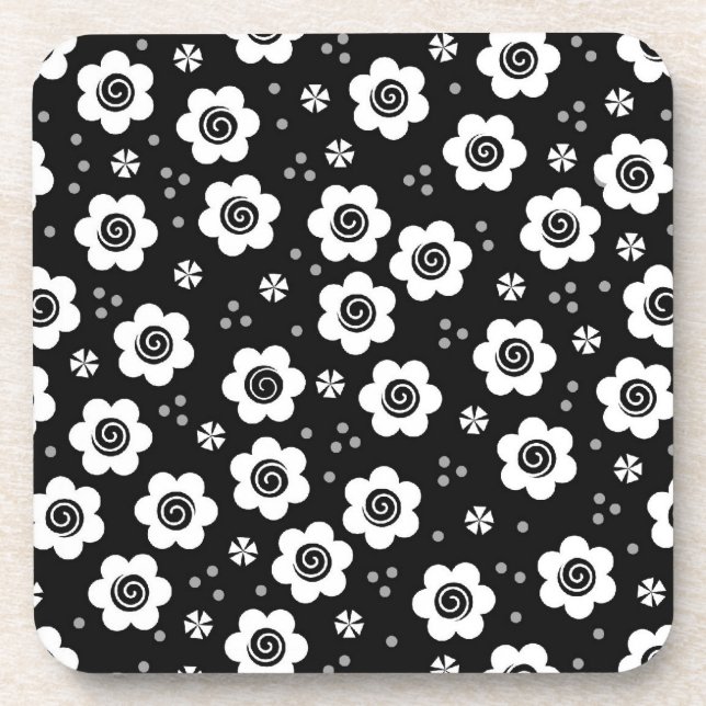 Cute black white flowers Cork Coaster (Front)