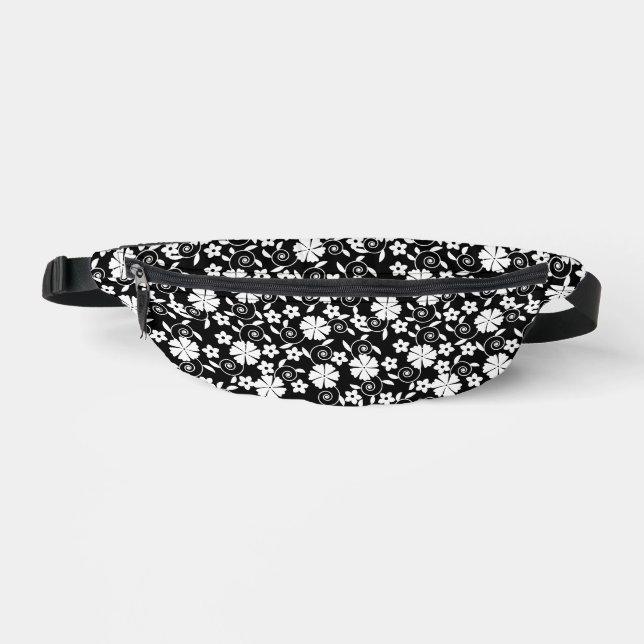 Cute black white flowers pattern bum bags (Front)