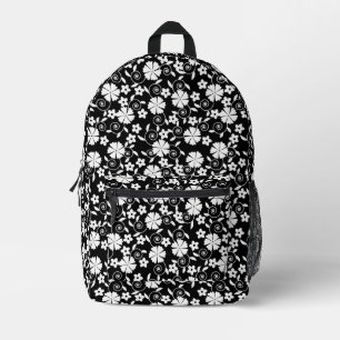Cute black white flowers pattern printed backpack