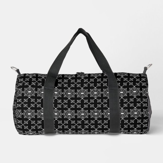 Cute Black & White Geometric Flower Pattern Duffle Bag (Front)