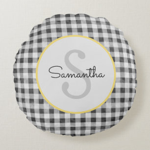 Cute Black & White Gingham Personalised Monogram Round Cushion