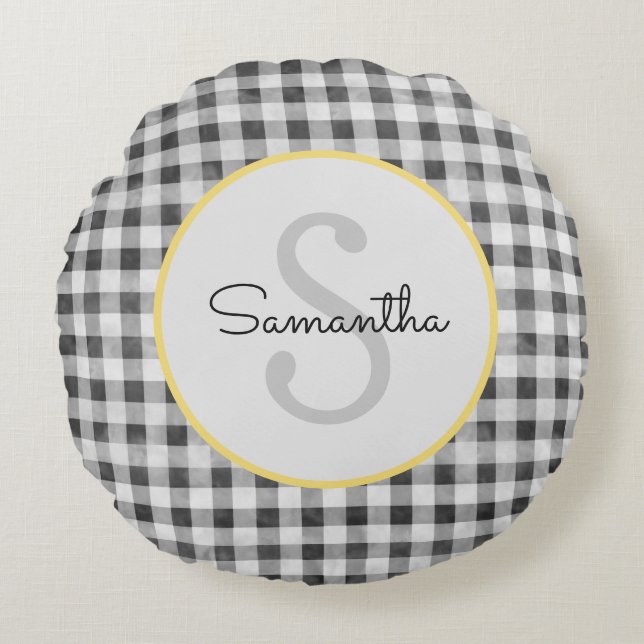 Cute Black & White Gingham Personalised Monogram Round Cushion (Front)