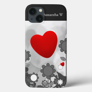 Cute Black/White/Gray Flowers w/Big Red Heart iPhone 13 Case