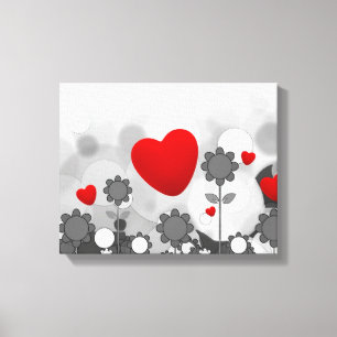 Cute Black/White/Grey Flowers w/Big Red Heart Canvas Print