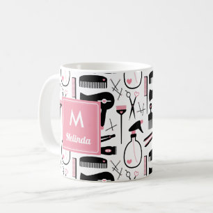 Cute Black White Hair Stylist Pattern Monogram Coffee Mug