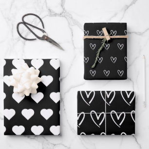 Cute Black White Hearts Pattern Valentine  Wrappin Wrapping Paper Sheet