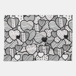 Cute black white hearts patterns tea towel