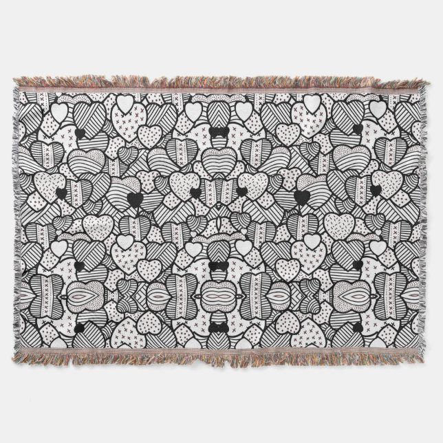 Cute black white hearts patterns throw blanket (Front)
