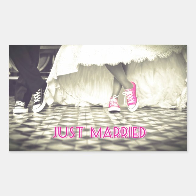 Cute Black White Just Married Rectangular Sticker (Front)