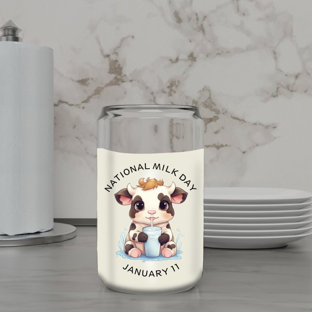 Cute Black & White Kawaii Baby Cow Drinking Milk Can Glass (Creator Uploaded)
