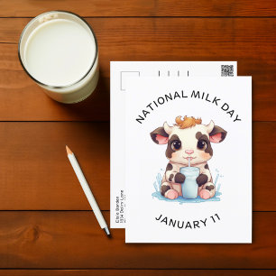 Cute Black & White Kawaii Baby Cow Drinking Milk Postcard