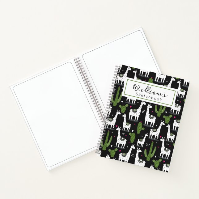 Cute Black White Llama Cactus Sketchbook for kids Notebook (Inside)