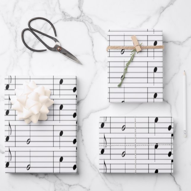 Cute Black White Music Notes Pattern Gift Wrapping Paper Sheet (Front)