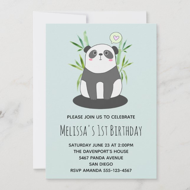 Cute Black & White Panda in Bamboo Birthday Invitation (Front)