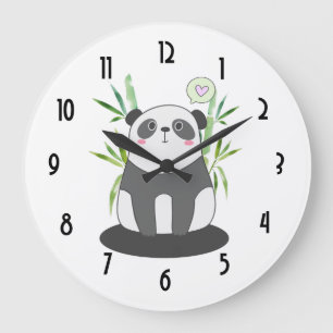 Cute Black & White Panda in Bamboo Large Clock
