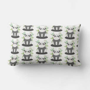 Cute Black & White Panda in Bamboo Pattern Lumbar Cushion