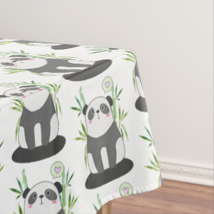 Cute Black & White Panda in Bamboo Pattern Tablecloth