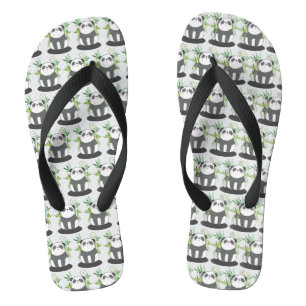 Cute Black & White Panda in Bamboo Pattern Thongs