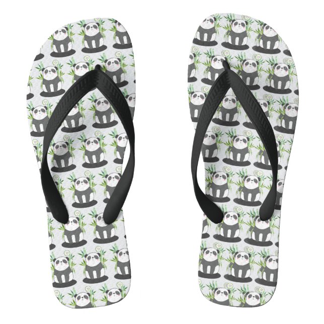 Cute Black & White Panda in Bamboo Pattern Thongs (Footbed)