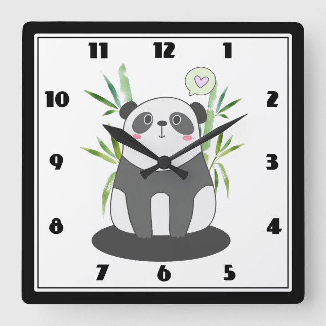 Cute Black & White Panda in Bamboo Square Wall Clock (Front)