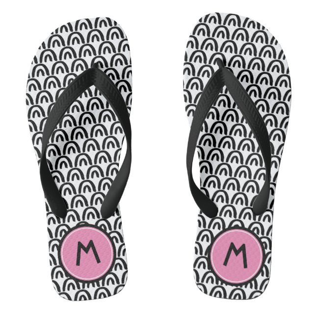 Cute Black White Patten Pink Monogram Thongs (Footbed)